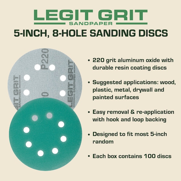 5 Inch Sand Paper Disc, 8-Hole, 220 Grit, 100PK